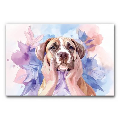 Akustikbild Ruh dich aus zeigt einen Hundekopf, der sanft in menschlichen Händen ruht und von weichen floralen Aquarellakzenten umgeben ist.