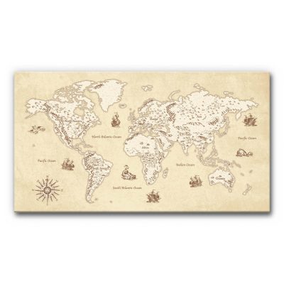 Akustikbild Weltkarte Antil-Look - eine antik stilisierte Weltkarte mit Segelschiffen und Seeungeheuern.