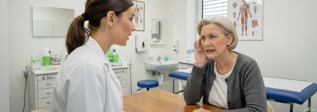 Eine Ärztin und eine ältere Patientin verstehen sich schlecht in der Arztpraxis