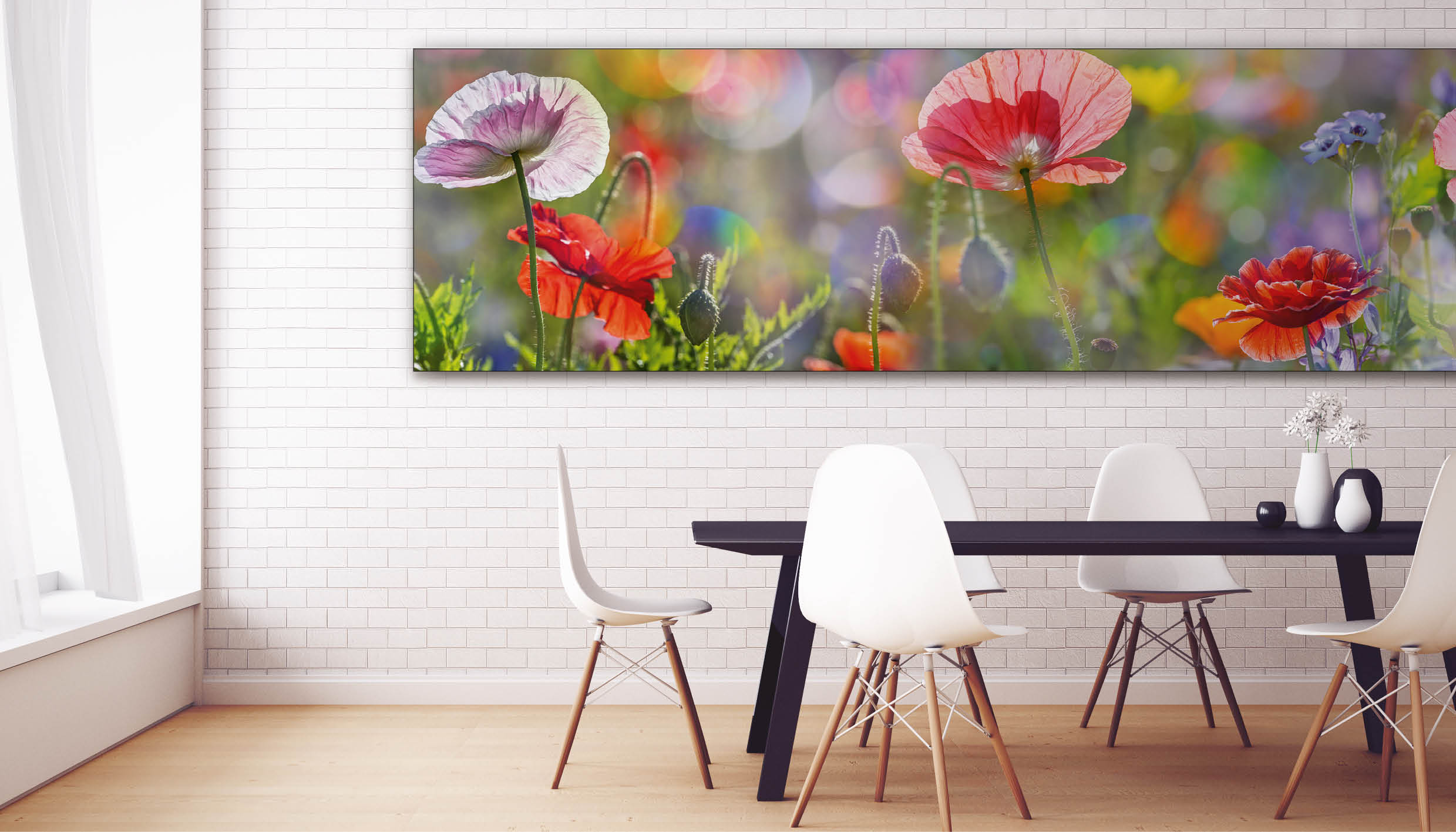 Großformat Akustikbild mit einer Mohnwiese im Closeup-Format