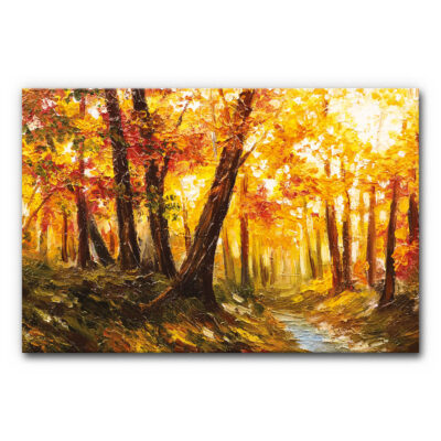 Natur Akustikbild Herbstfarben Malerei mit gemaltem Waldmotiv, leuchtendem Herbstlaub in Gelb, Orange und Rot, sichtbare Pinselstruktur, schallminderndes Wandbild zur Raumakustik.